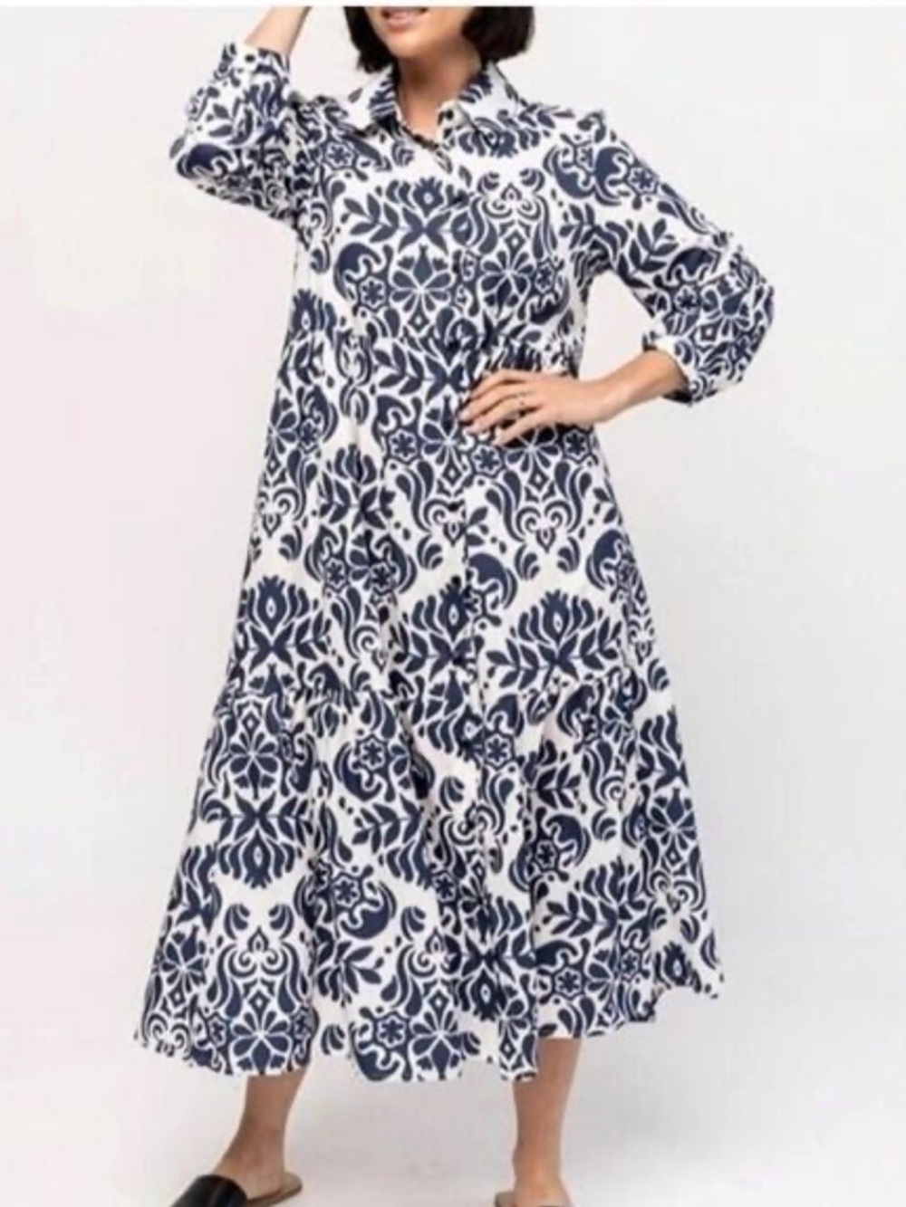Zara Navy White Damask Print A-Line Long Sleeve Midi Shirt Dress Size XL - Picture 8 of 8